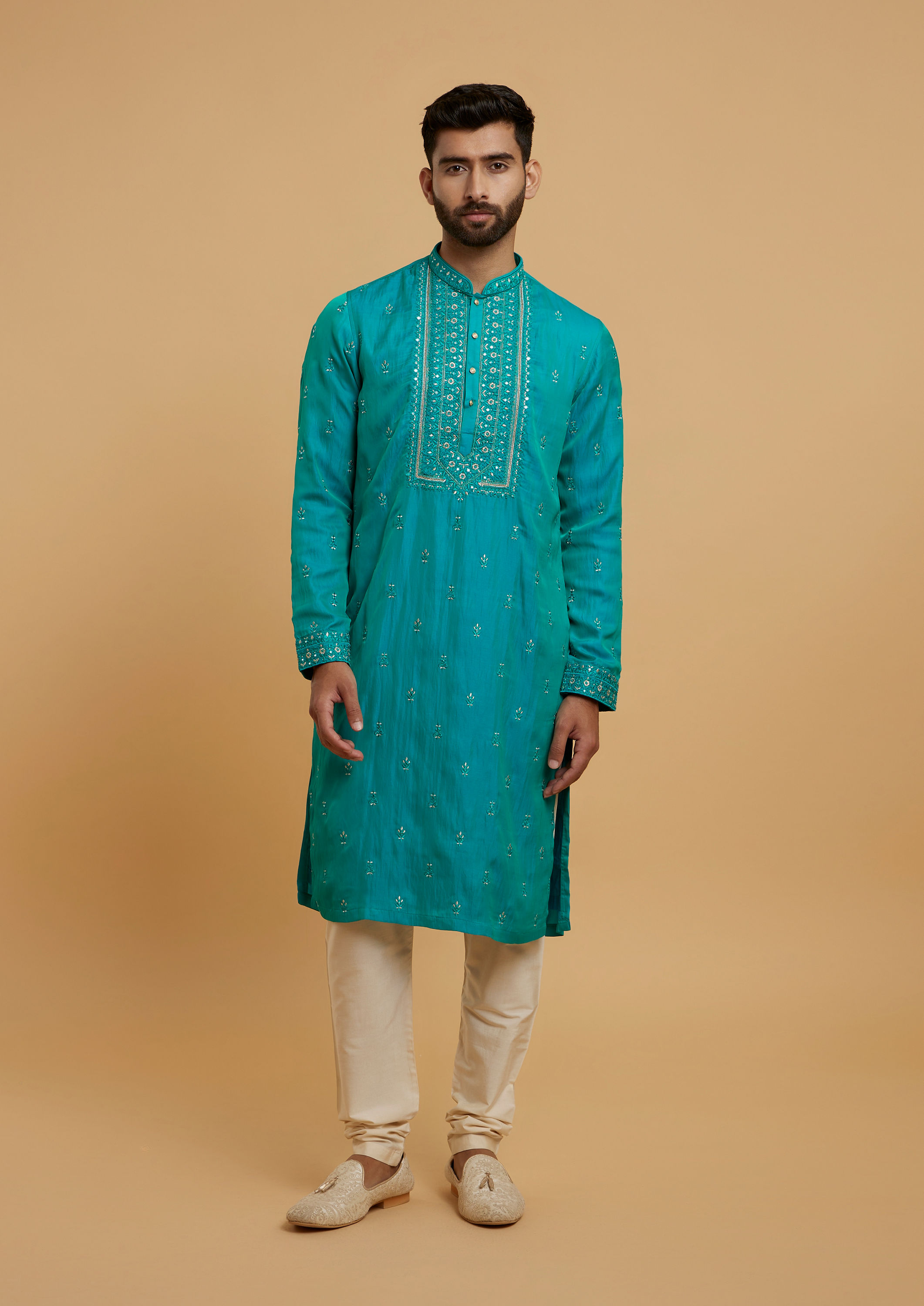 Twamev Men Turquoise Blue Satin Kurta Pajama