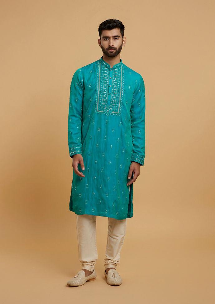 Twamev Men Turquoise Blue Satin Kurta Pajama