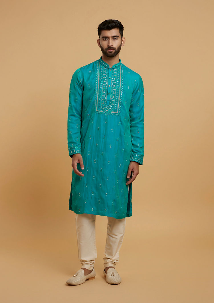 Twamev Men Turquoise Blue Satin Kurta Pajama