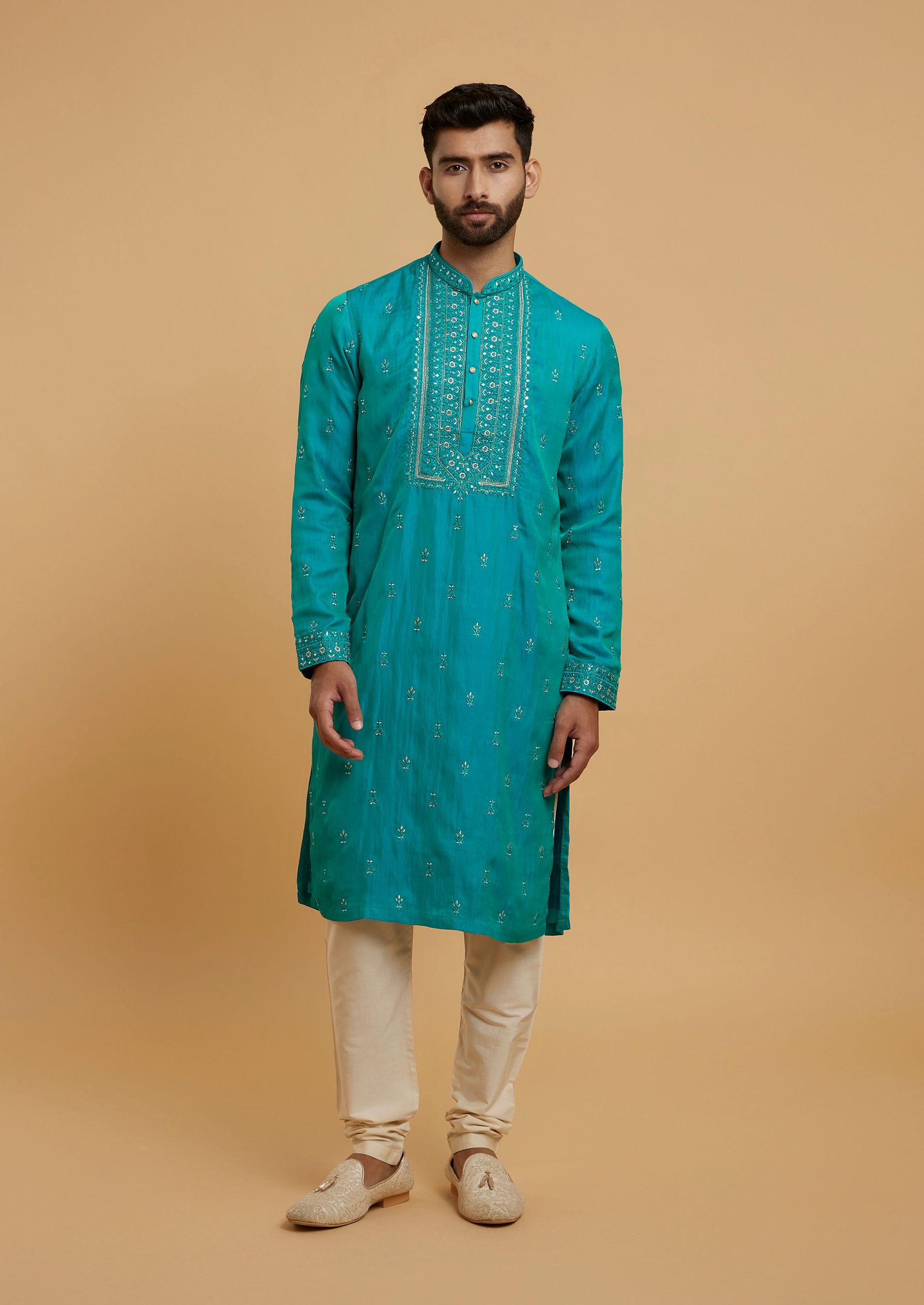 Twamev Men Turquoise Blue Satin Kurta Pajama