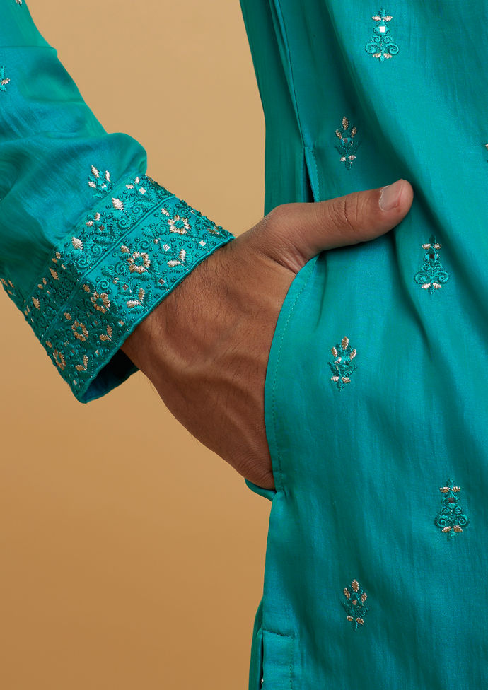 Twamev Men Turquoise Blue Satin Kurta Pajama