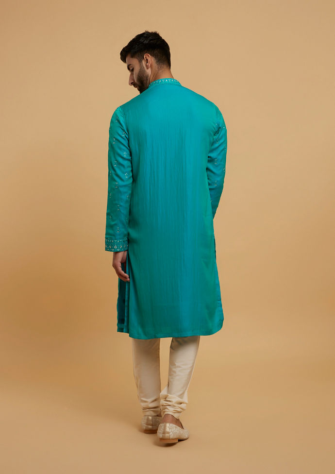 Twamev Men Turquoise Blue Satin Kurta Pajama