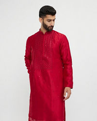Twamev Men Red Silk Mirror Work  Kurta Set
