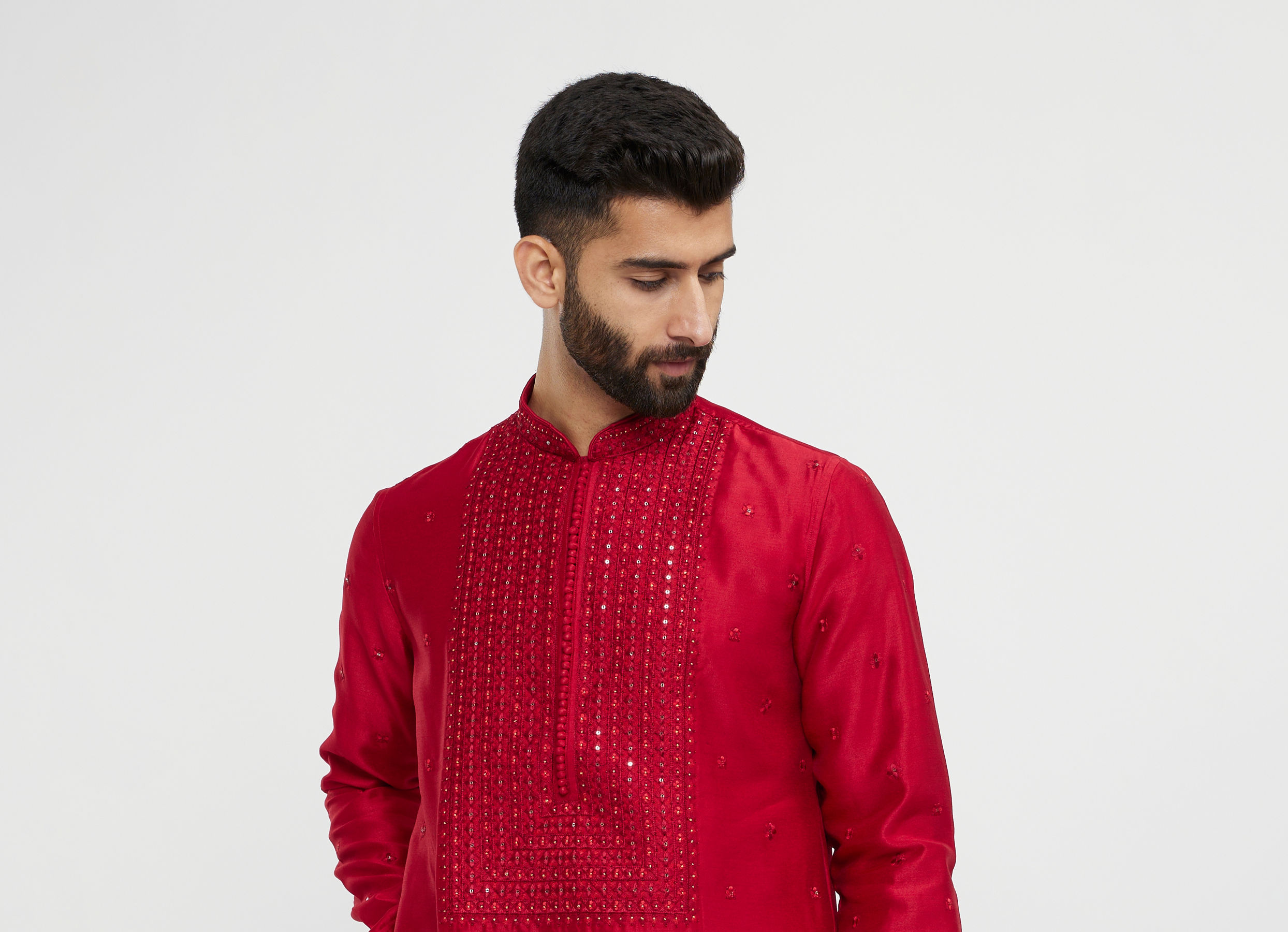 Twamev Men Red Silk Mirror Work  Kurta Set