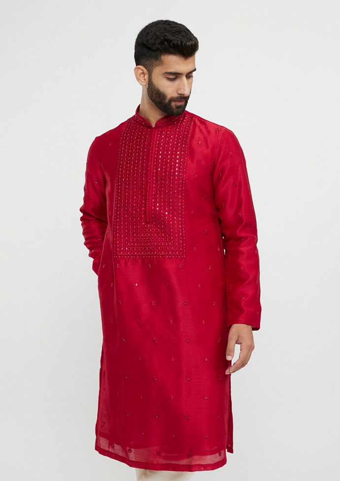 alt message - Twamev Men Twilight Gleam Red Kurta Pajama image number 0