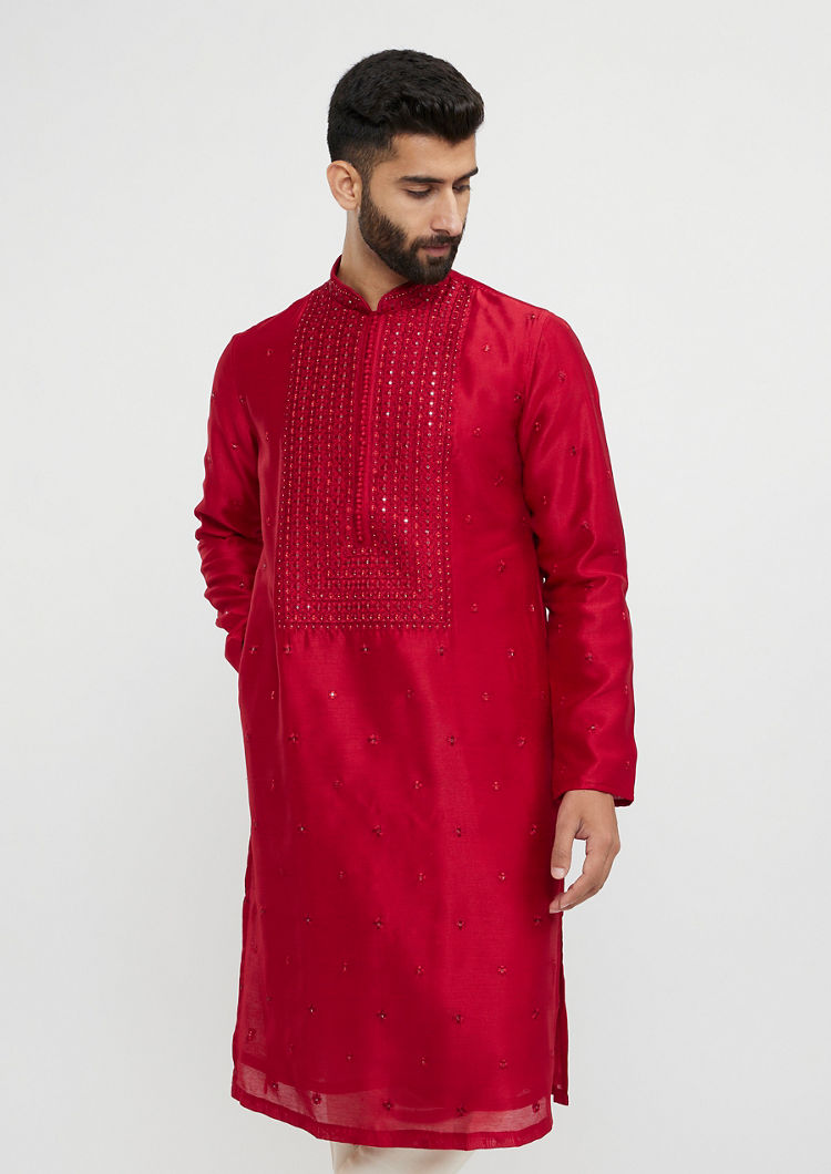 Twamev Men Twilight Gleam Red Kurta Pajama