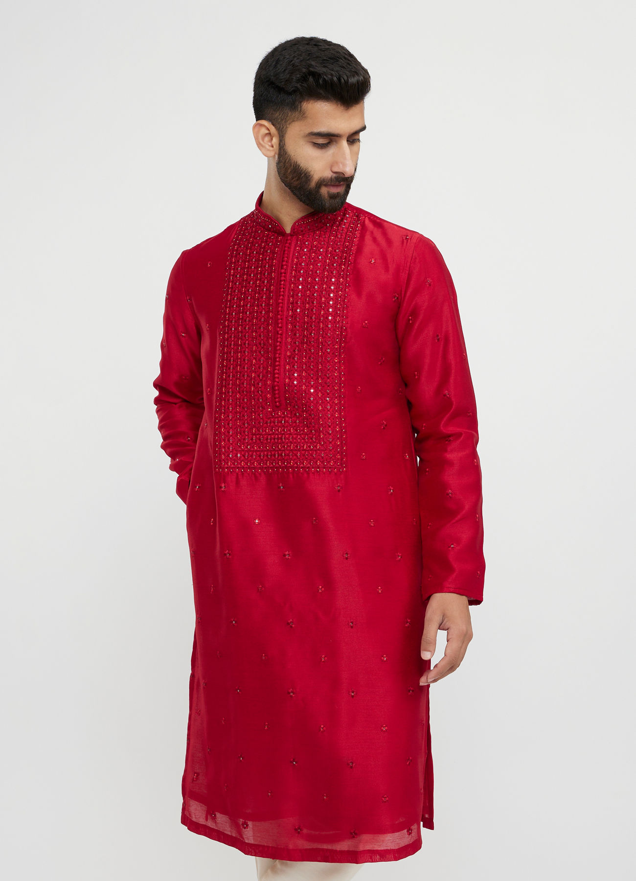 Twamev Men Red Silk Mirror Work  Kurta Set