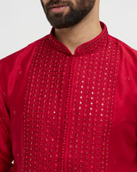 Twamev Men Red Silk Mirror Work  Kurta Set