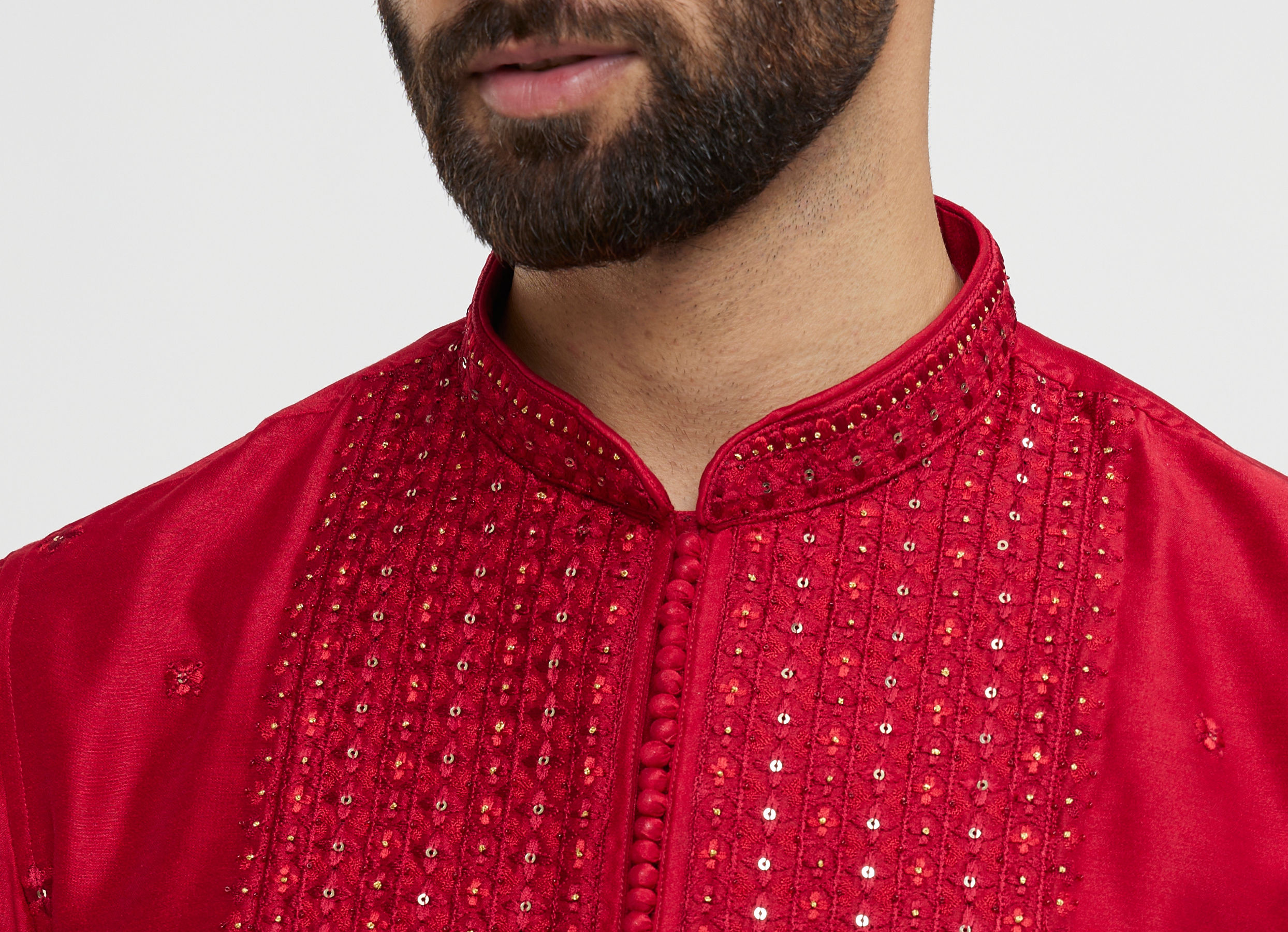 Twamev Men Red Silk Mirror Work  Kurta Set