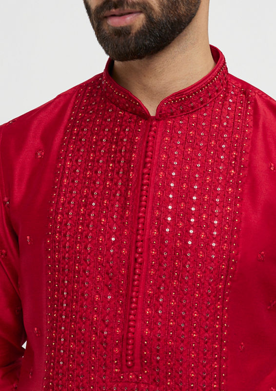 alt message - Twamev Men Twilight Gleam Red Kurta Pajama image number 1