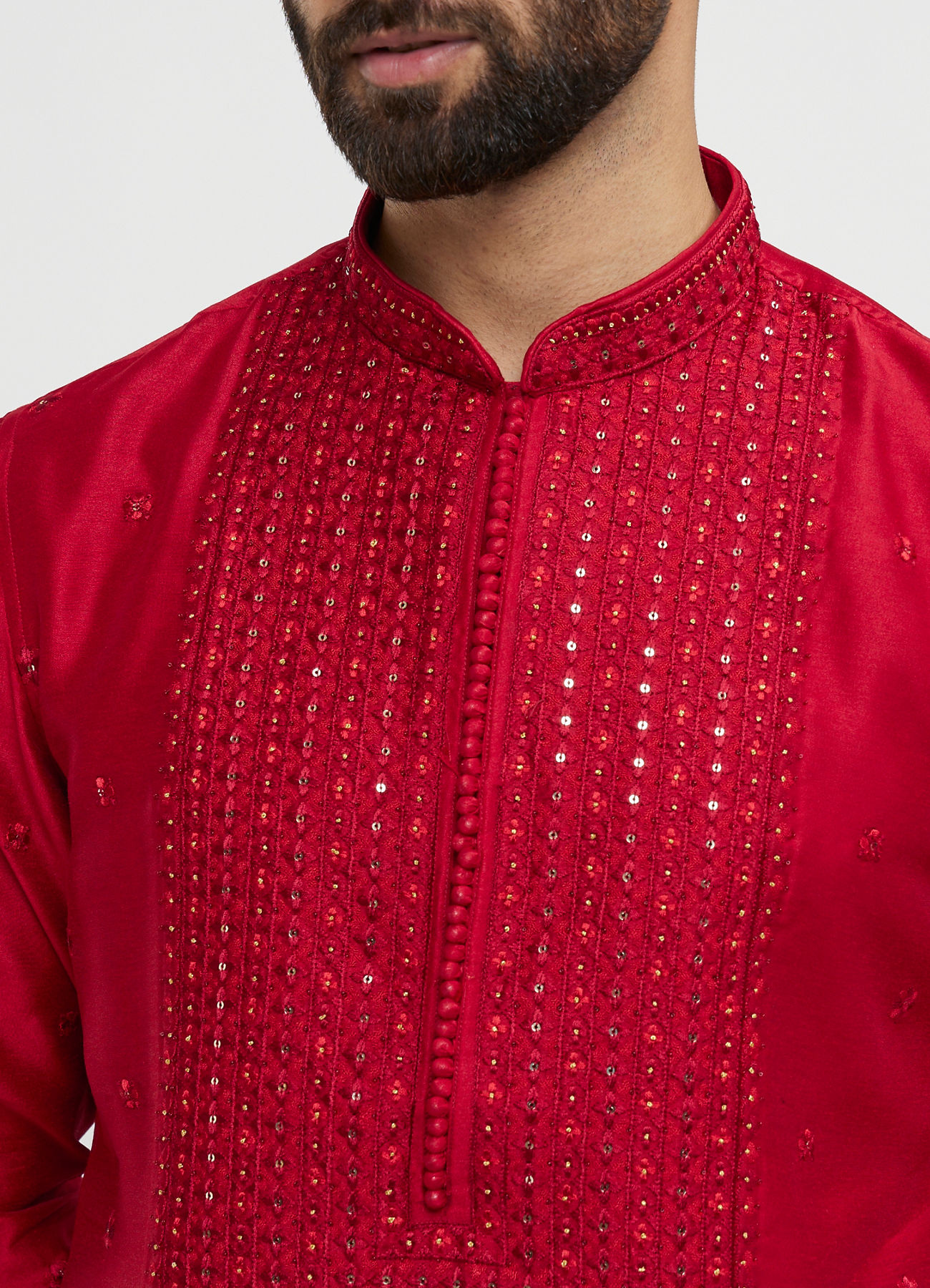 Twamev Men Red Silk Mirror Work  Kurta Set