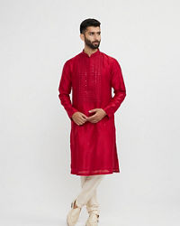 Twamev Men Red Silk Mirror Work  Kurta Set
