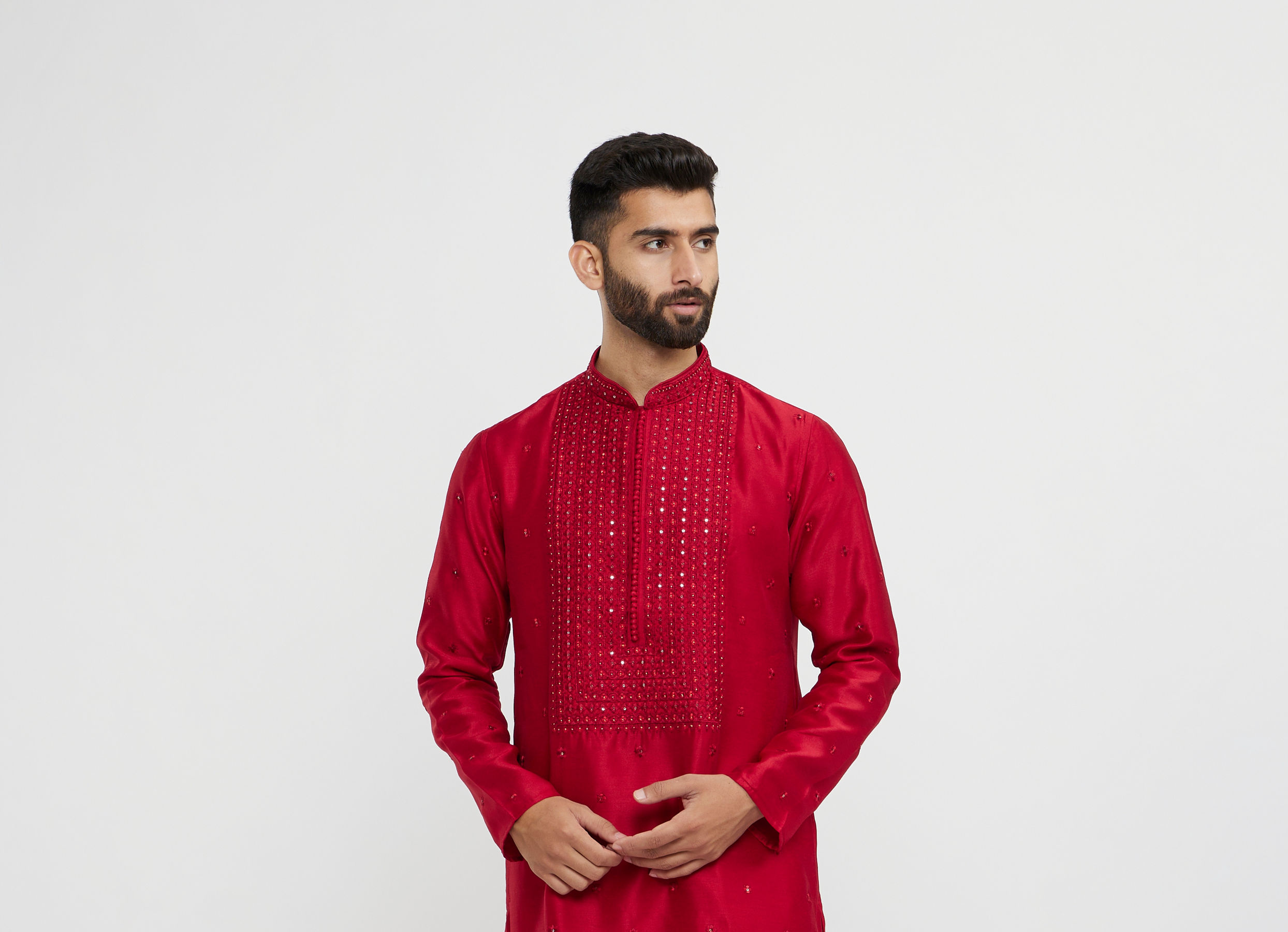 Twamev Men Red Silk Mirror Work  Kurta Set