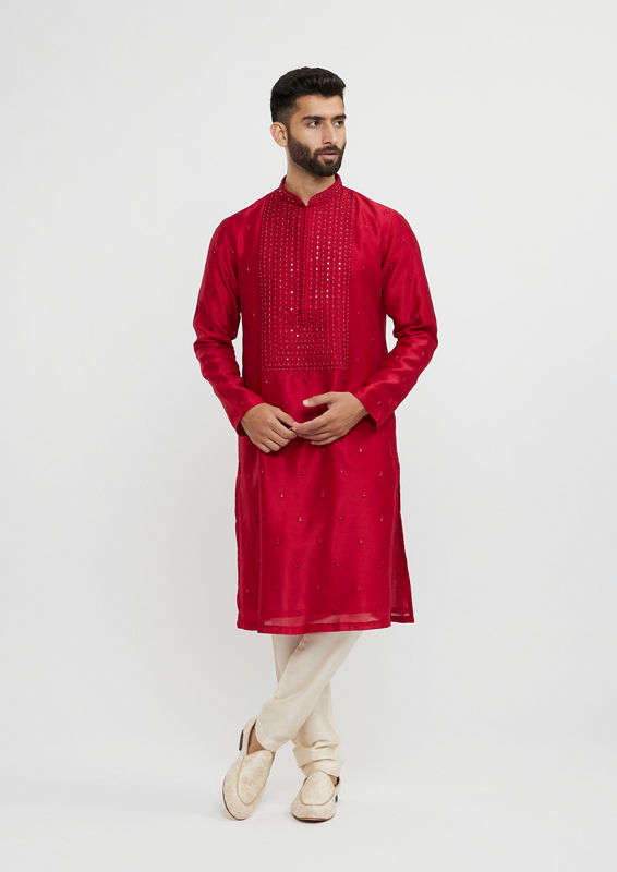 alt message - Twamev Men Twilight Gleam Red Kurta Pajama image number 2