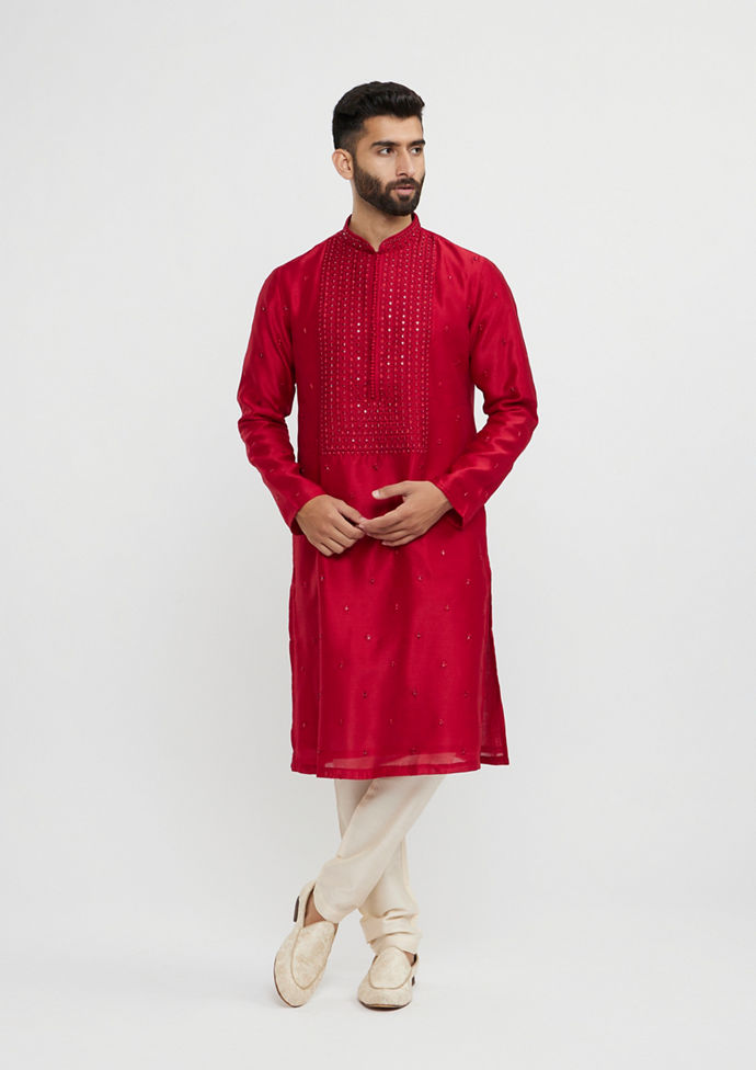 alt message - Twamev Men Twilight Gleam Red Kurta Pajama image number 2