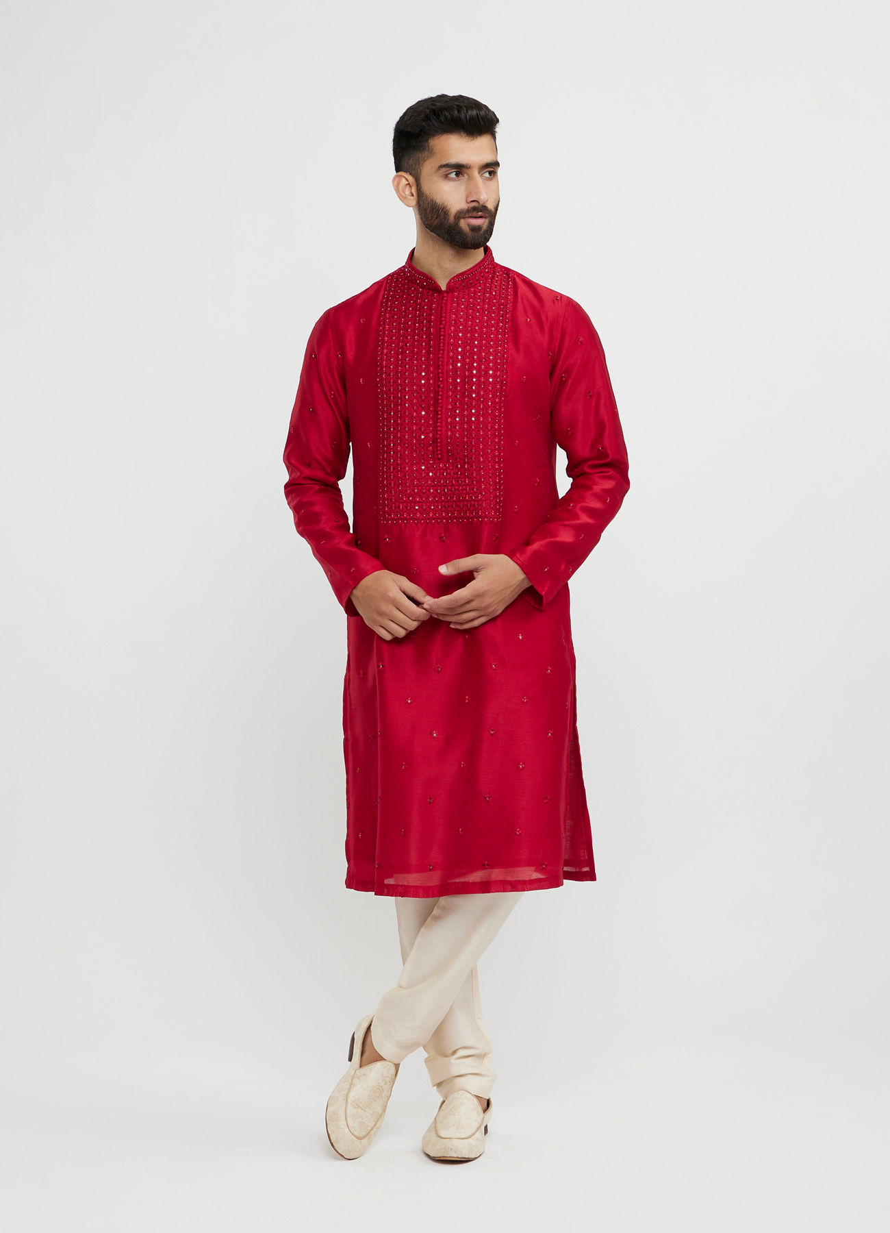 Twamev Men Red Silk Mirror Work  Kurta Set