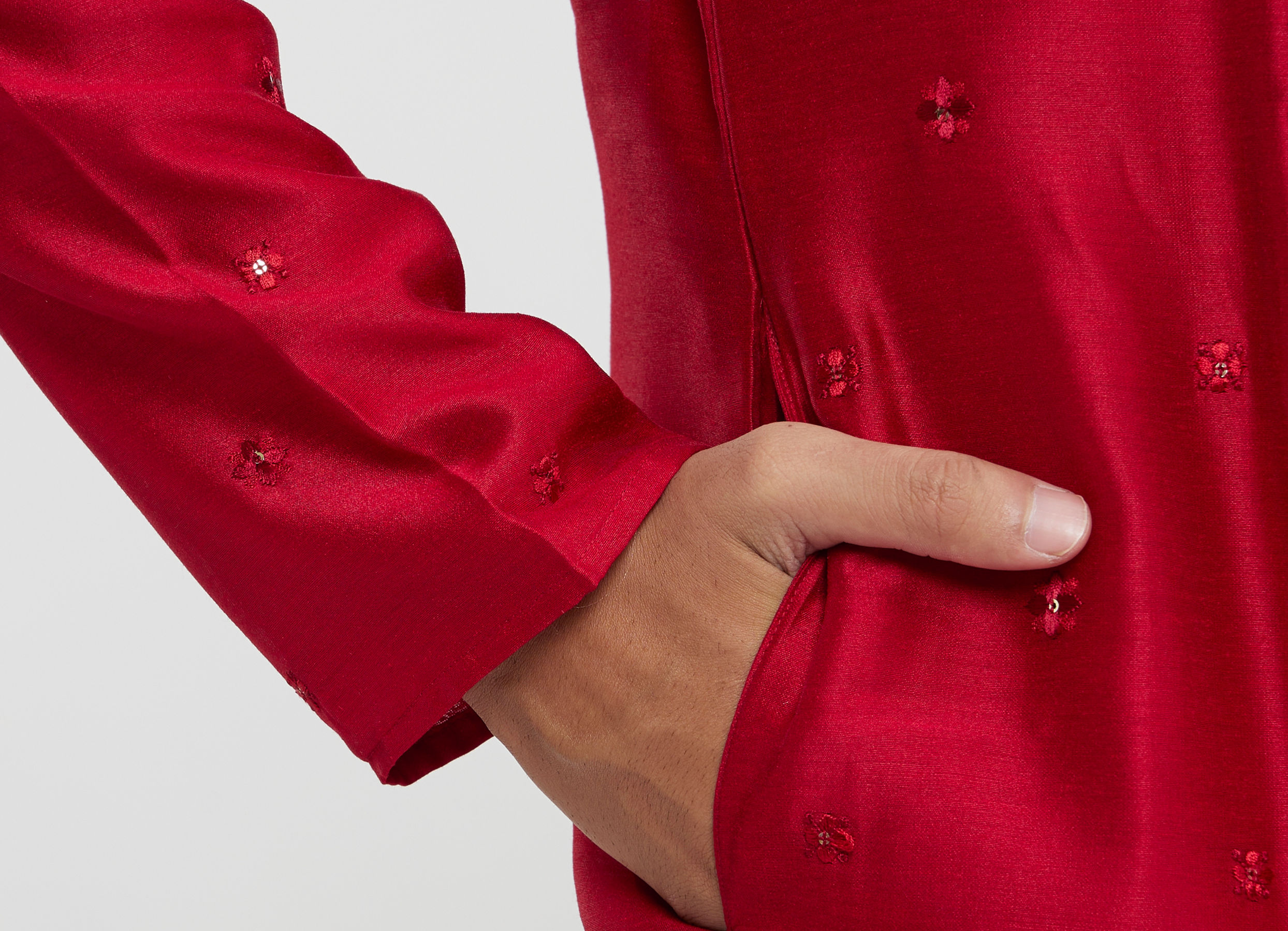 Twamev Men Red Silk Mirror Work  Kurta Set