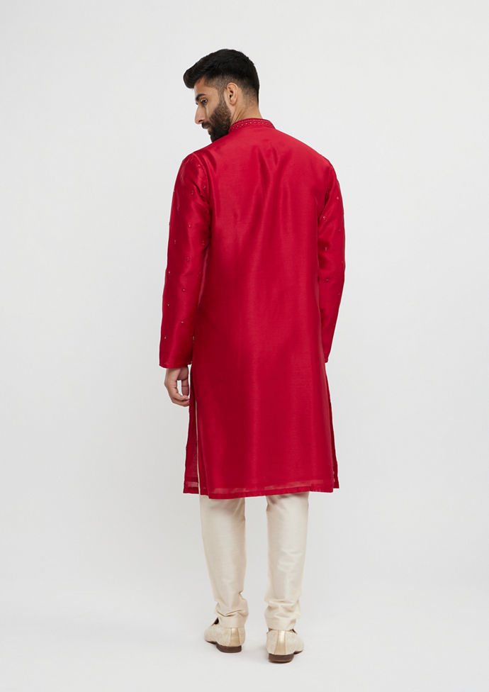 alt message - Twamev Men Twilight Gleam Red Kurta Pajama image number 4