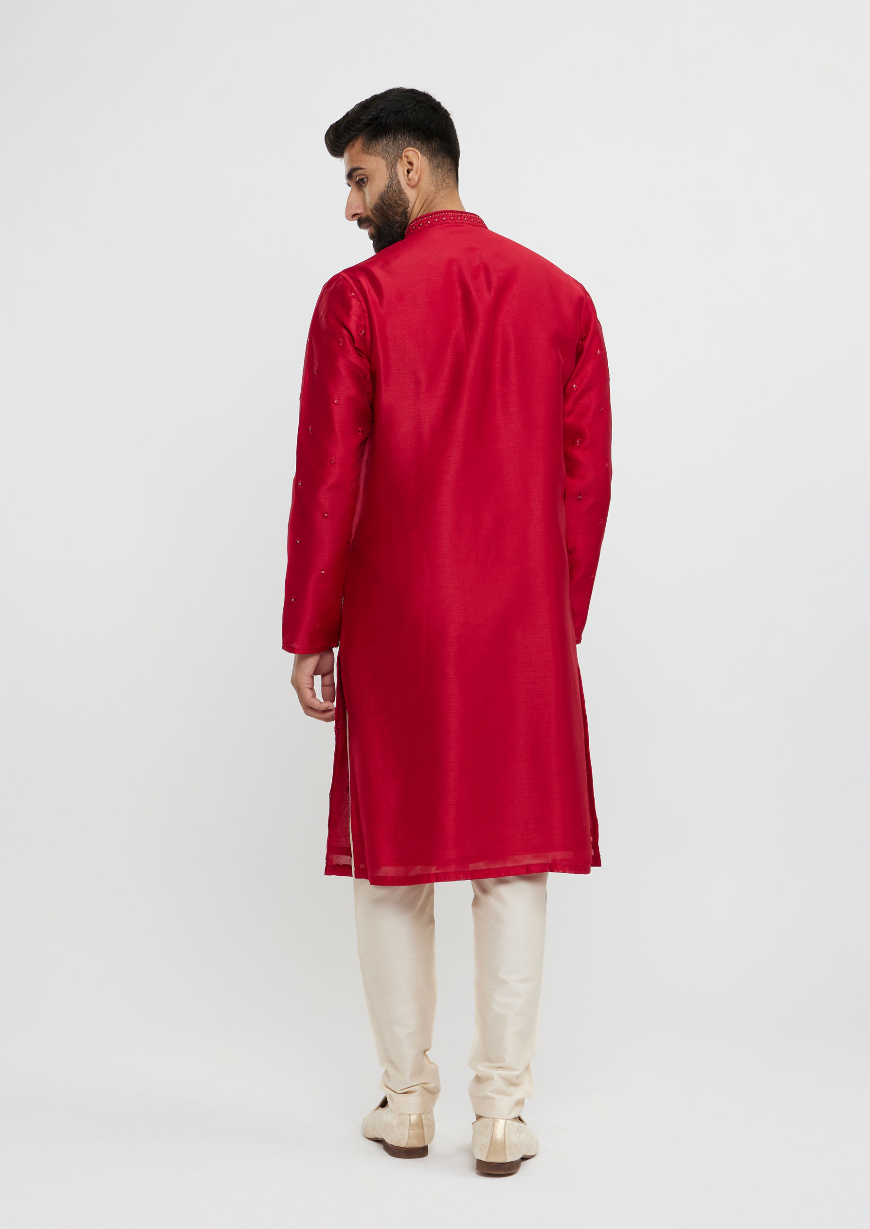 alt message - Twamev Men Twilight Gleam Red Kurta Pajama image number 4