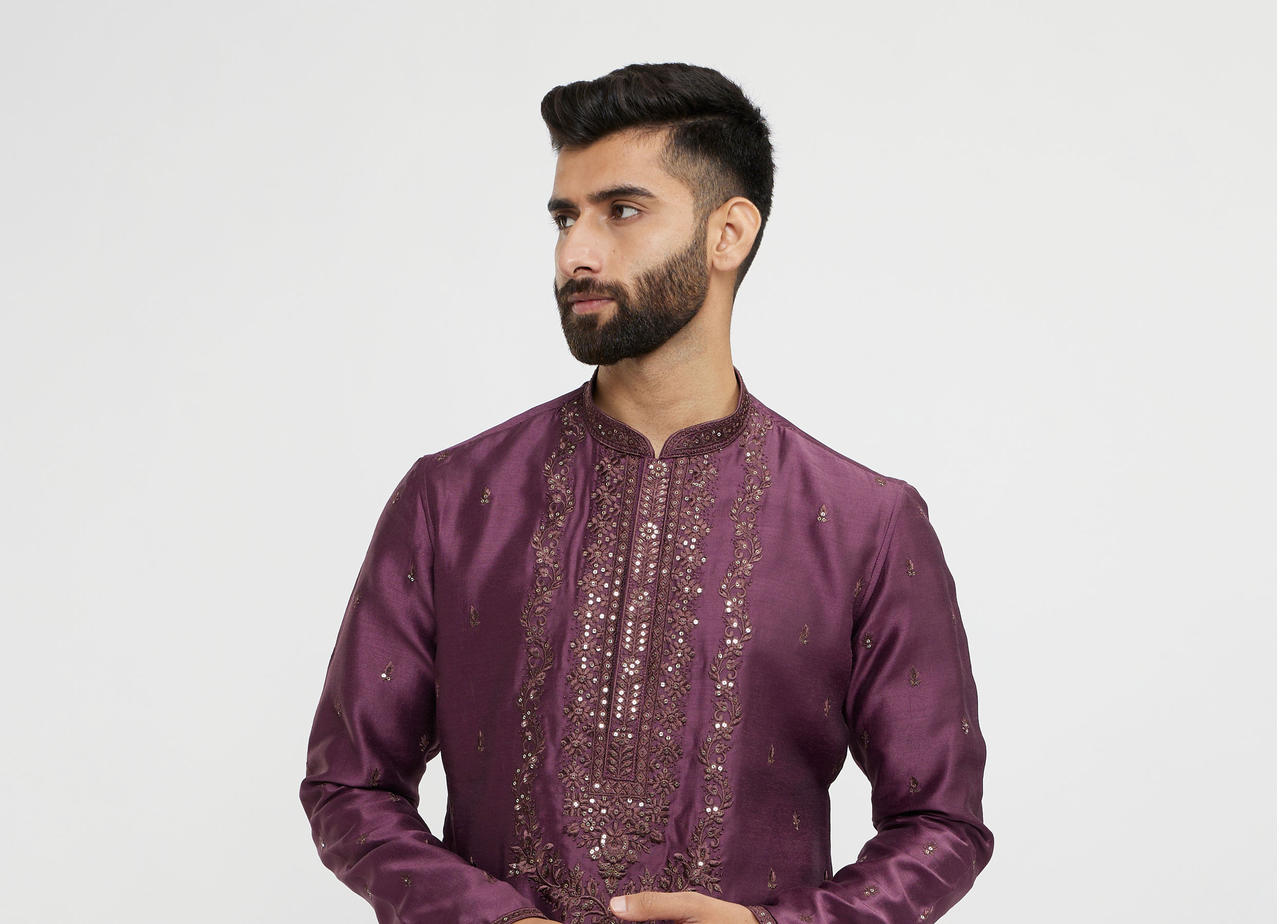 Twamev Men Wine Silk Embroidered Kurta Set