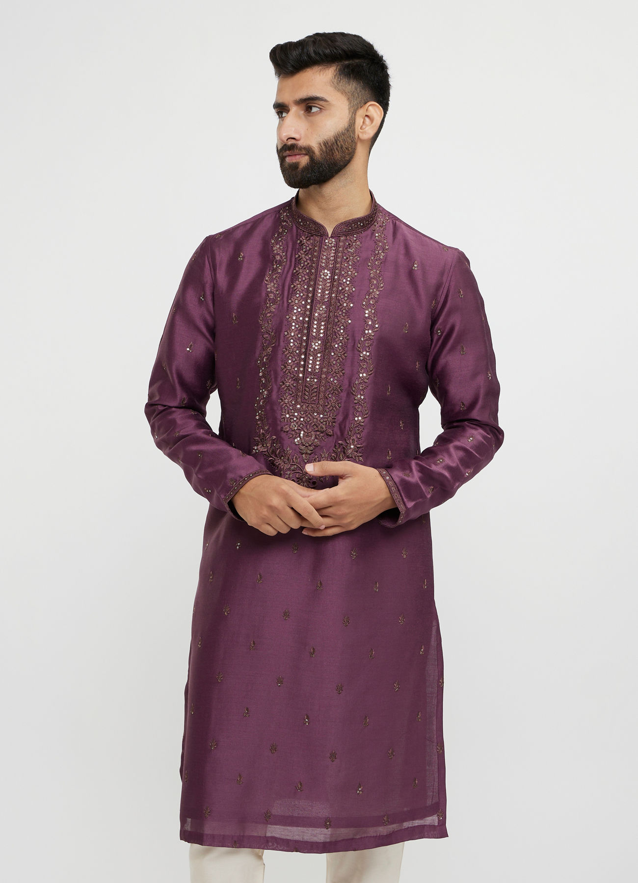 Twamev Men Wine Silk Embroidered Kurta Set
