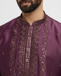 Twamev Men Wine Silk Embroidered Kurta Set