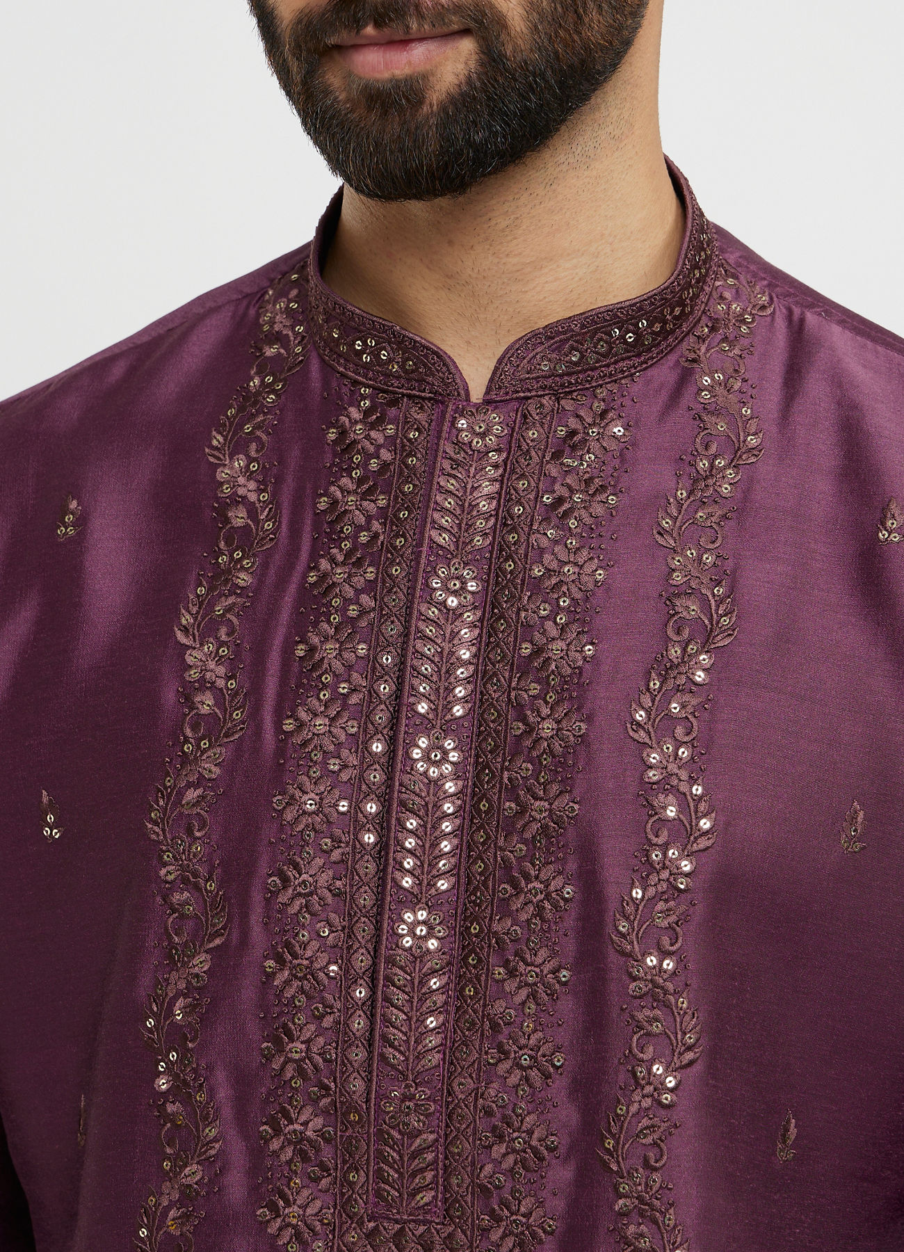Twamev Men Wine Silk Embroidered Kurta Set