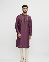 Twamev Men Wine Silk Embroidered Kurta Set