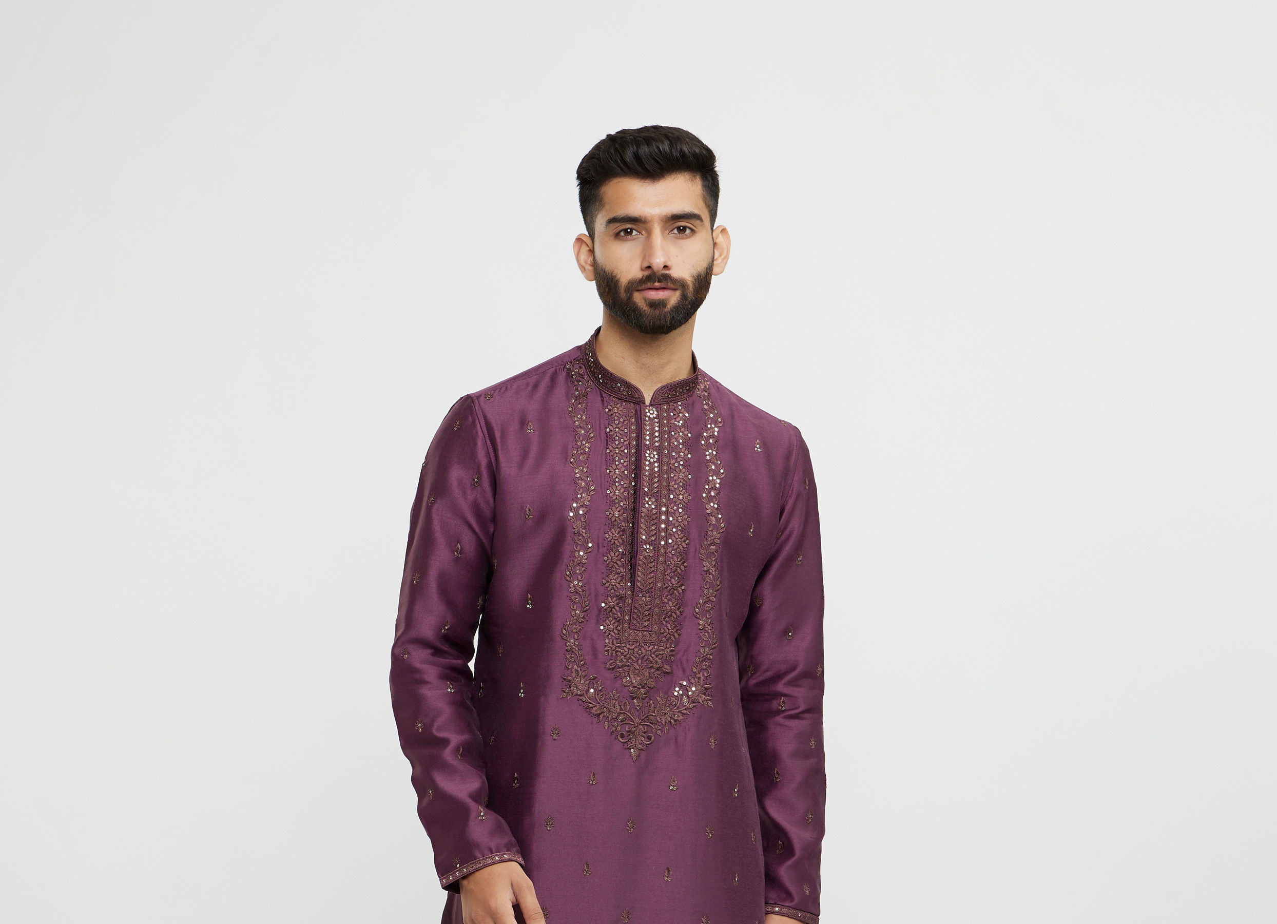 Twamev Men Wine Silk Embroidered Kurta Set