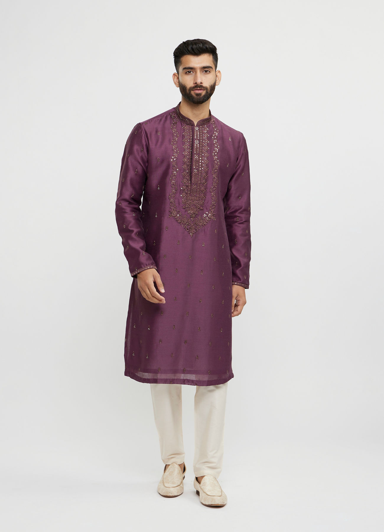 Twamev Men Wine Silk Embroidered Kurta Set