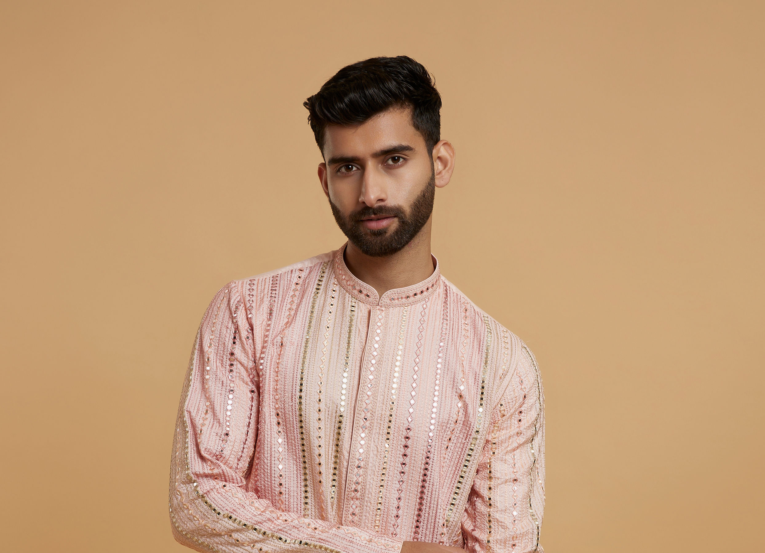 Twamev Men Peach Georgette Mirror Work Kurta Set