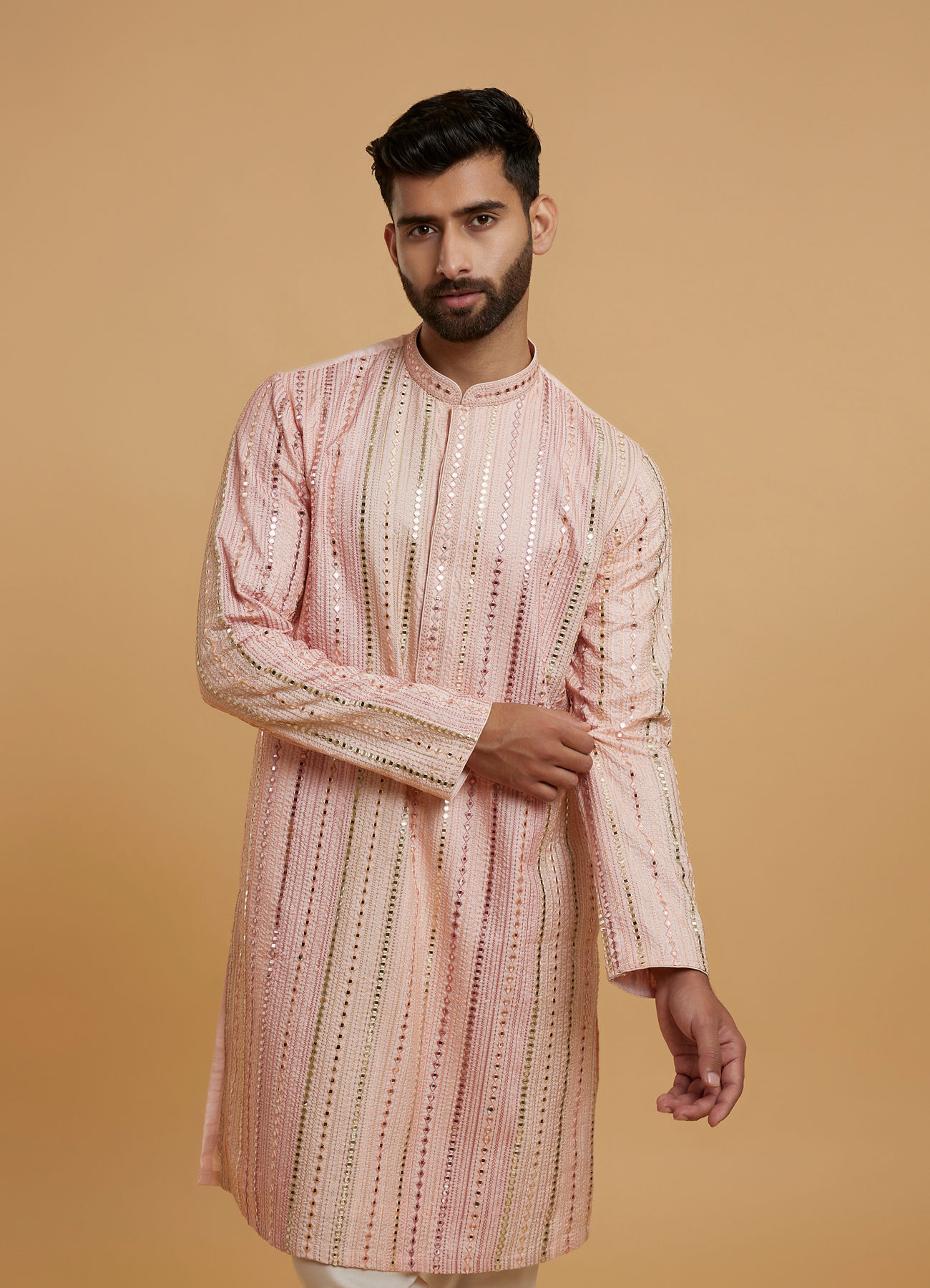 Twamev Men Peach Georgette Mirror Work Kurta Set