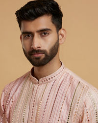 Twamev Men Peach Georgette Mirror Work Kurta Set