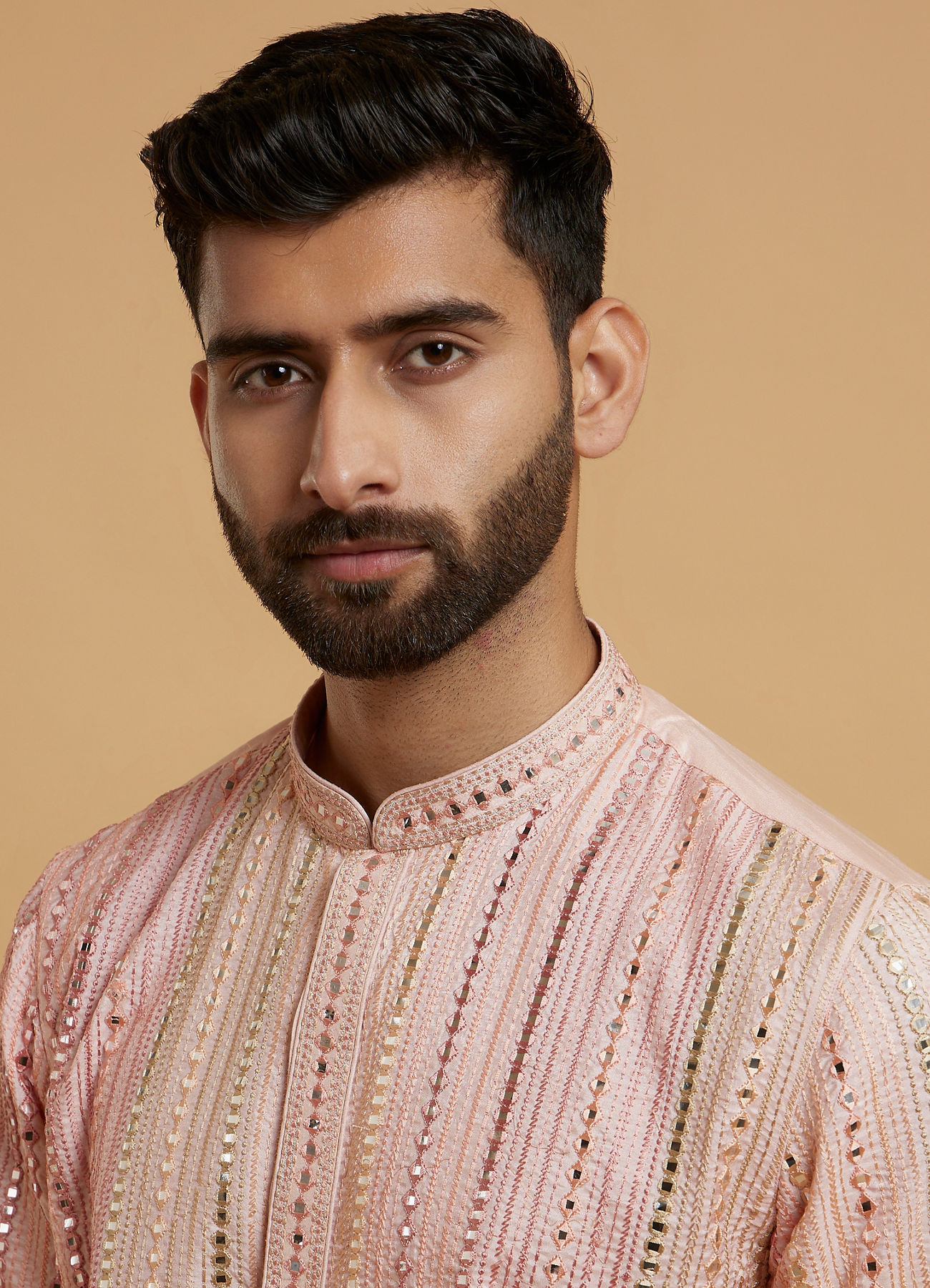Twamev Men Peach Georgette Mirror Work Kurta Set