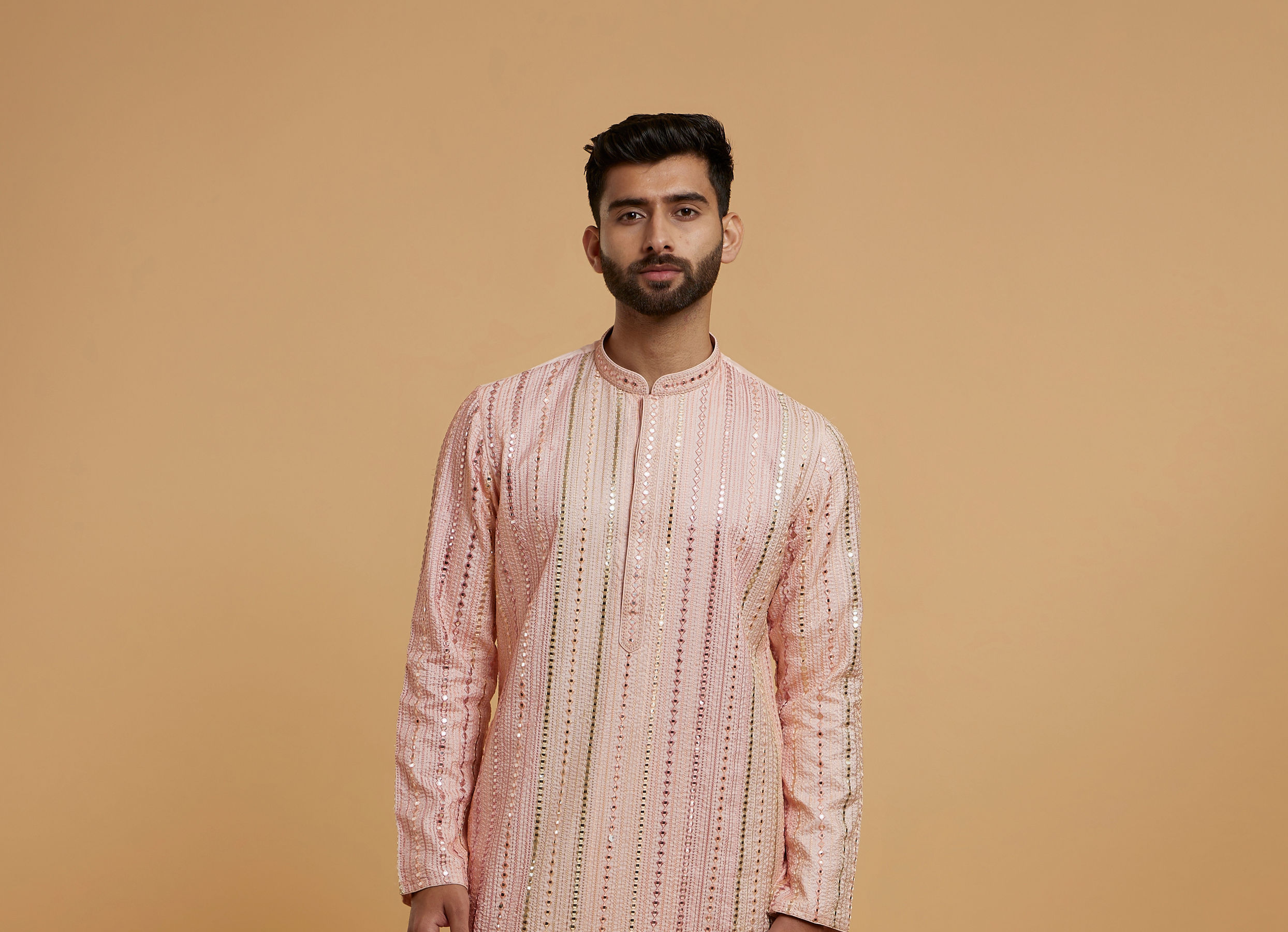 Twamev Men Peach Georgette Mirror Work Kurta Set
