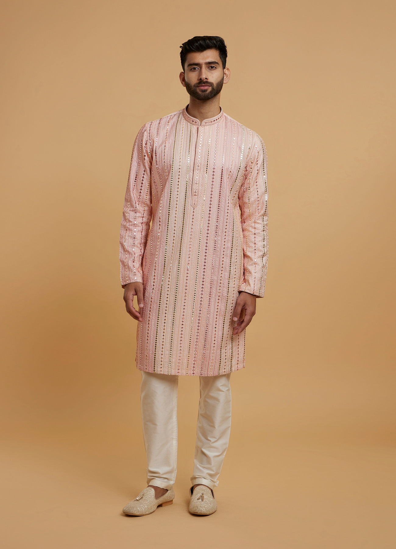 Twamev Men Peach Georgette Mirror Work Kurta Set