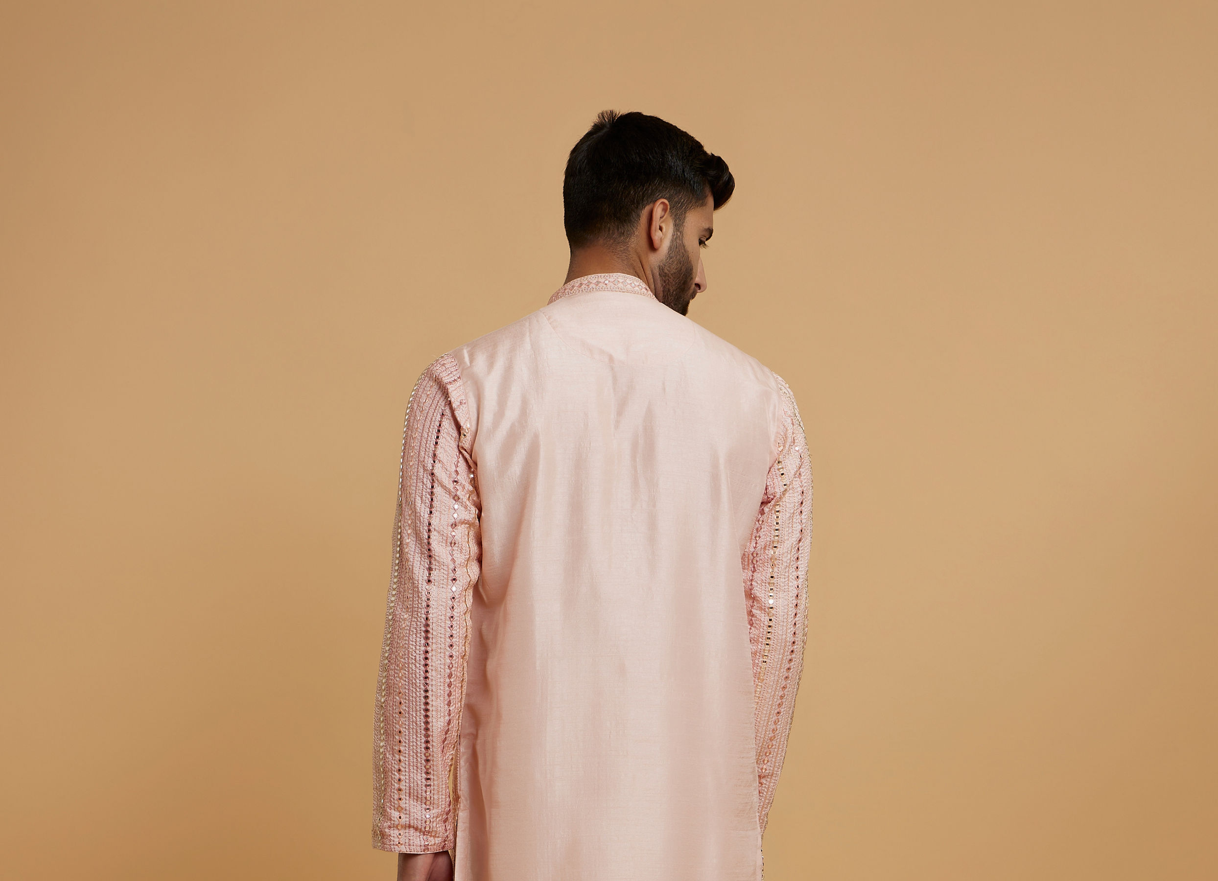 Twamev Men Peach Georgette Mirror Work Kurta Set