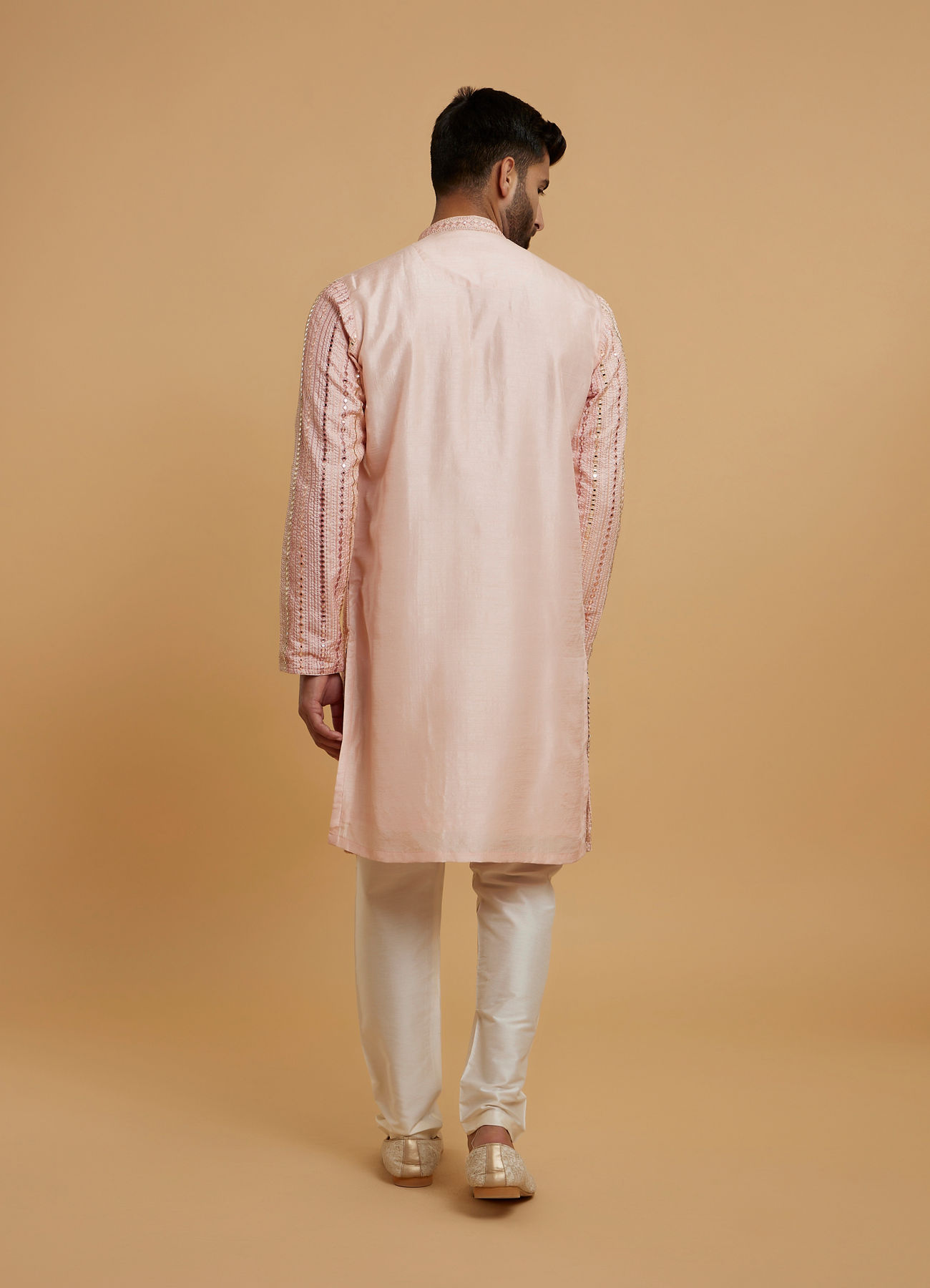Twamev Men Peach Georgette Mirror Work Kurta Set