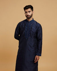 Twamev Men Dark Blue Silk Chikankari Embroidered Kurta Set