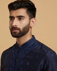 Twamev Men Dark Blue Silk Chikankari Embroidered Kurta Set