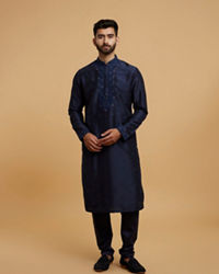 Twamev Men Dark Blue Silk Chikankari Embroidered Kurta Set