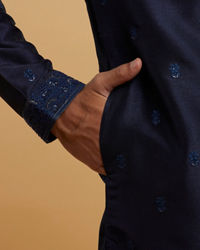 Twamev Men Dark Blue Silk Chikankari Embroidered Kurta Set