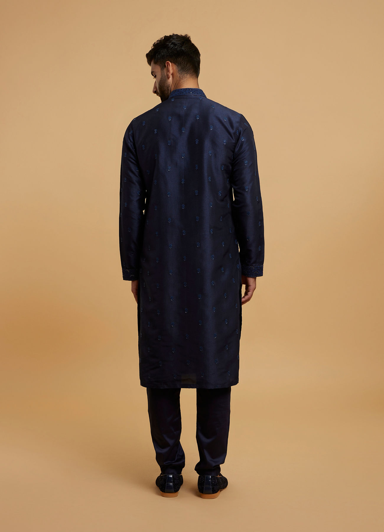 Twamev Men Dark Blue Silk Chikankari Embroidered Kurta Set