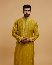 Twamev Men Olive Green Silk Embroidered Kurta Set