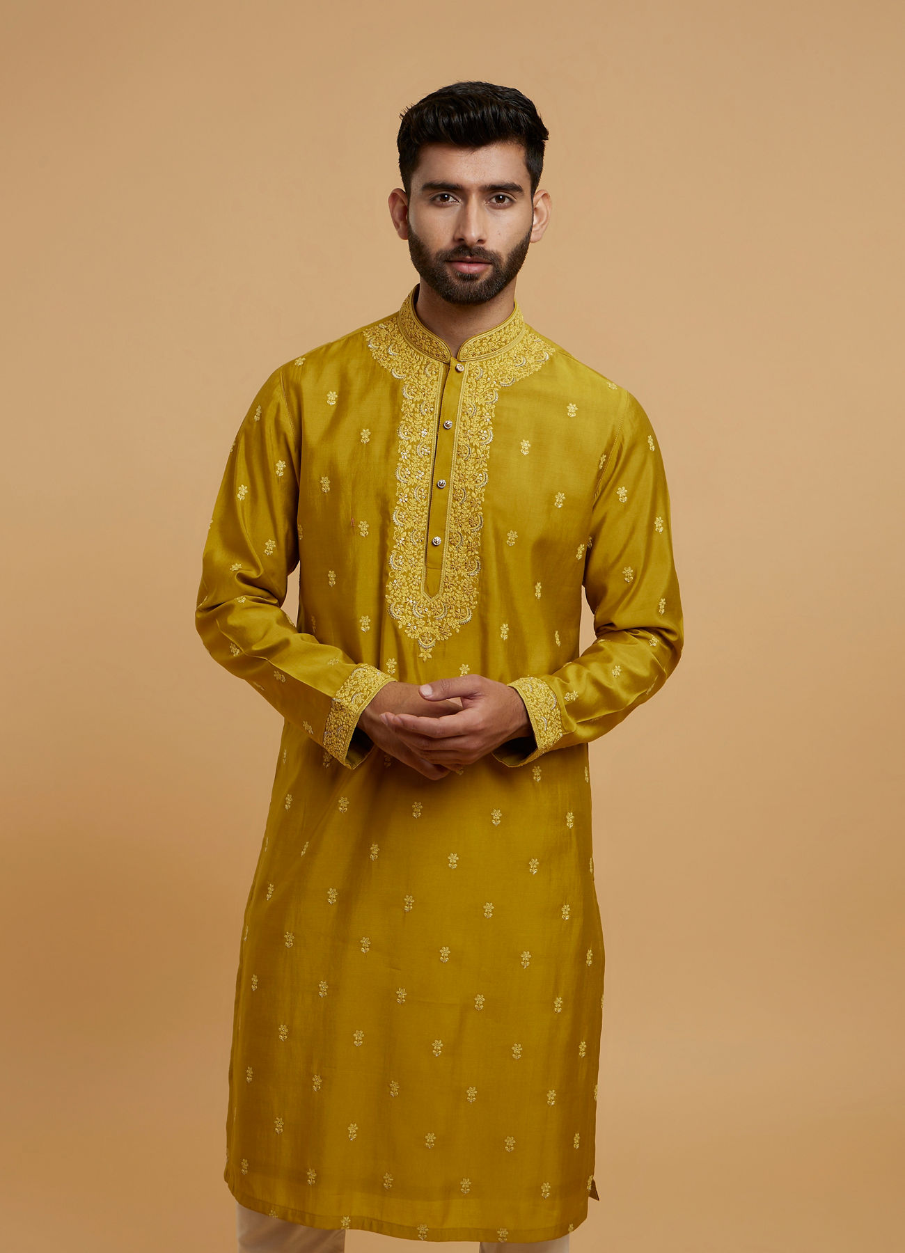 Twamev Men Olive Green Silk Embroidered Kurta Set