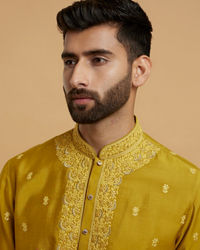 Twamev Men Olive Green Silk Embroidered Kurta Set