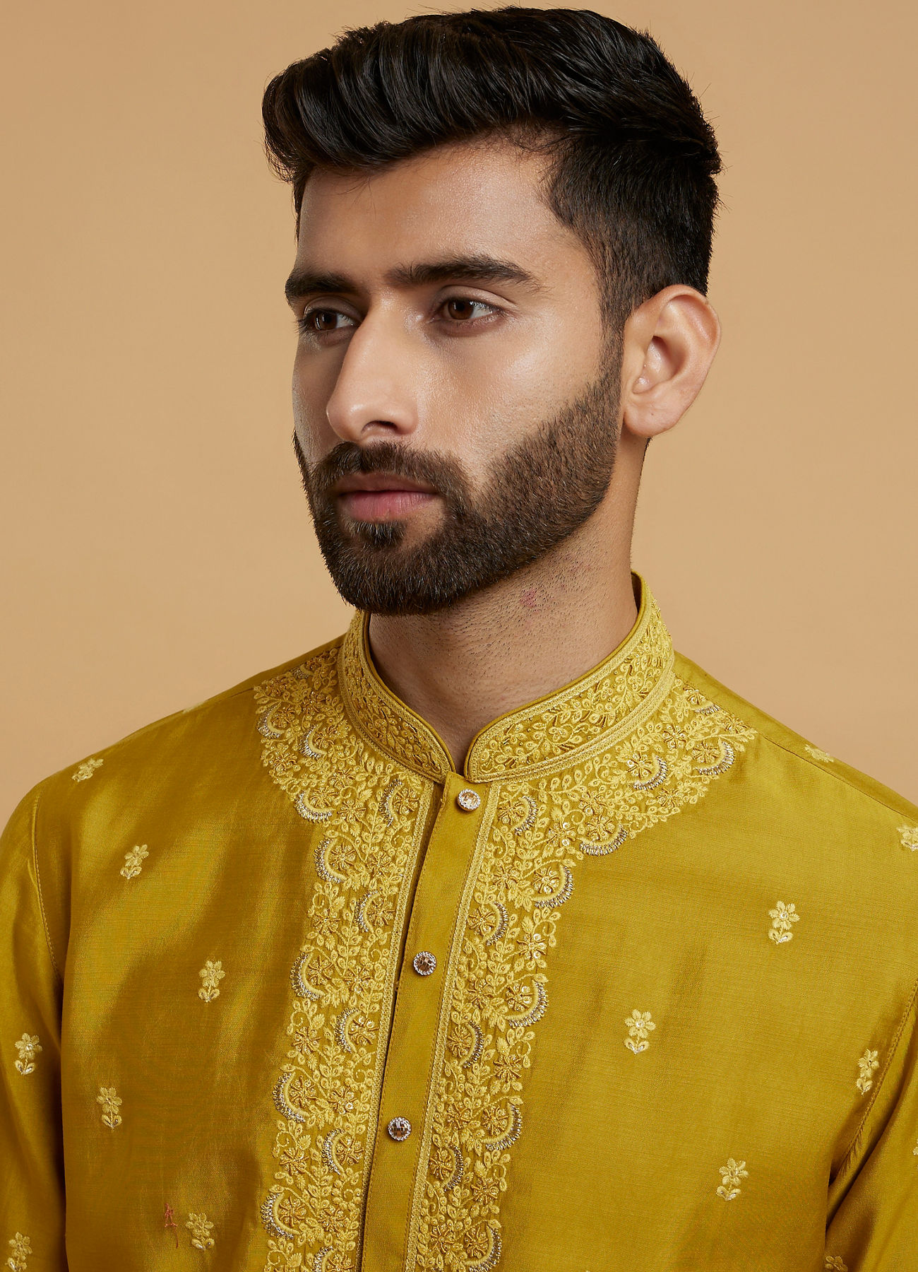 Twamev Men Olive Green Silk Embroidered Kurta Set