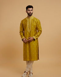 Twamev Men Olive Green Silk Embroidered Kurta Set
