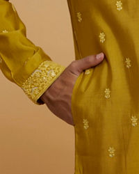 Twamev Men Olive Green Silk Embroidered Kurta Set