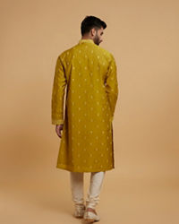 Twamev Men Olive Green Silk Embroidered Kurta Set
